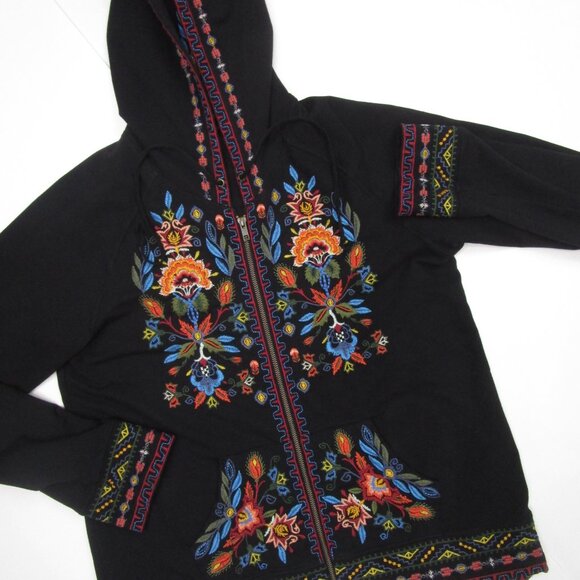 Black Hoodie Full Zip Embroidery Boho Kangaroo Pocket - Picture 5 of 12